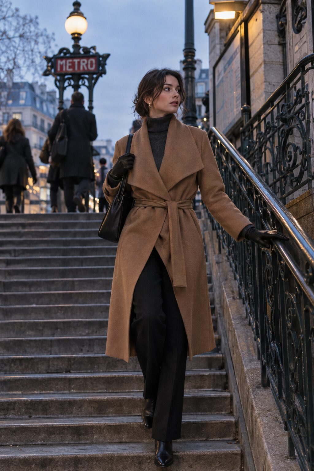 quiet luxury european winter outfit: caramel wool wrap coat over cashmere turtleneck and tailored trousers