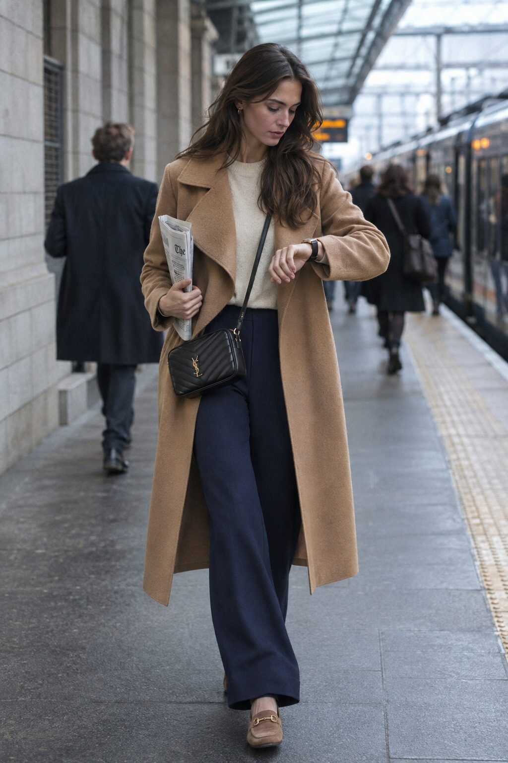 old money winter capsule wardrobe office outfit: cream cashmere sweater, navy trousers, and camel wool wrap coat