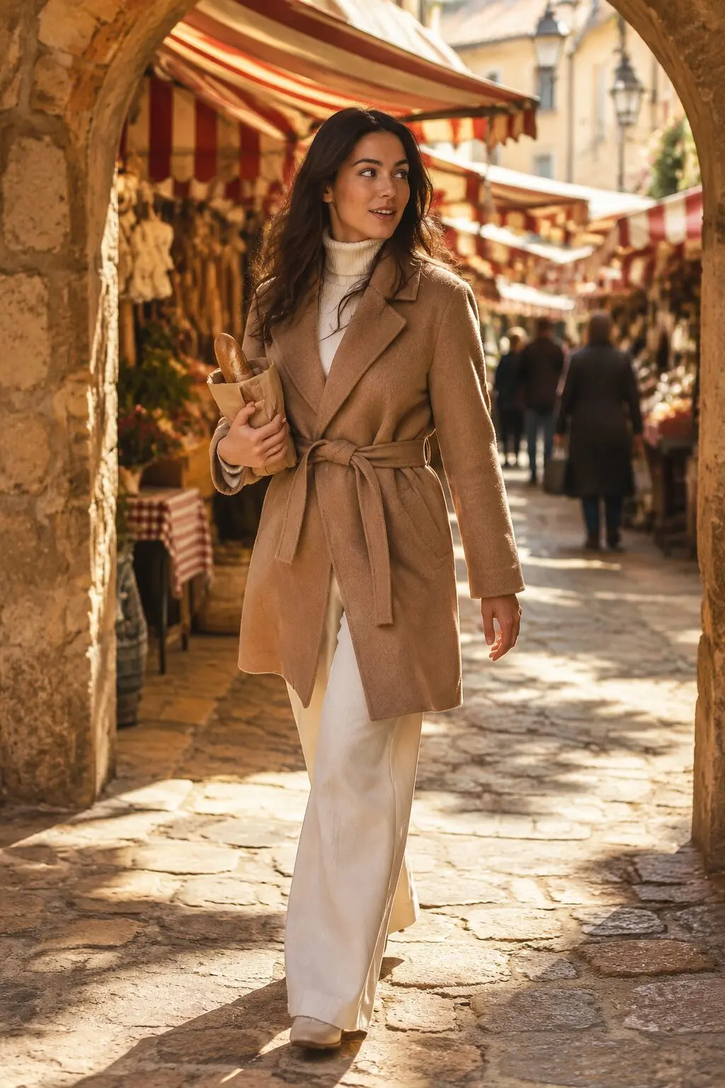 old money winter jacket outfit: belted camel wool wrap coat over an ivory turtleneck and wide-leg trousers