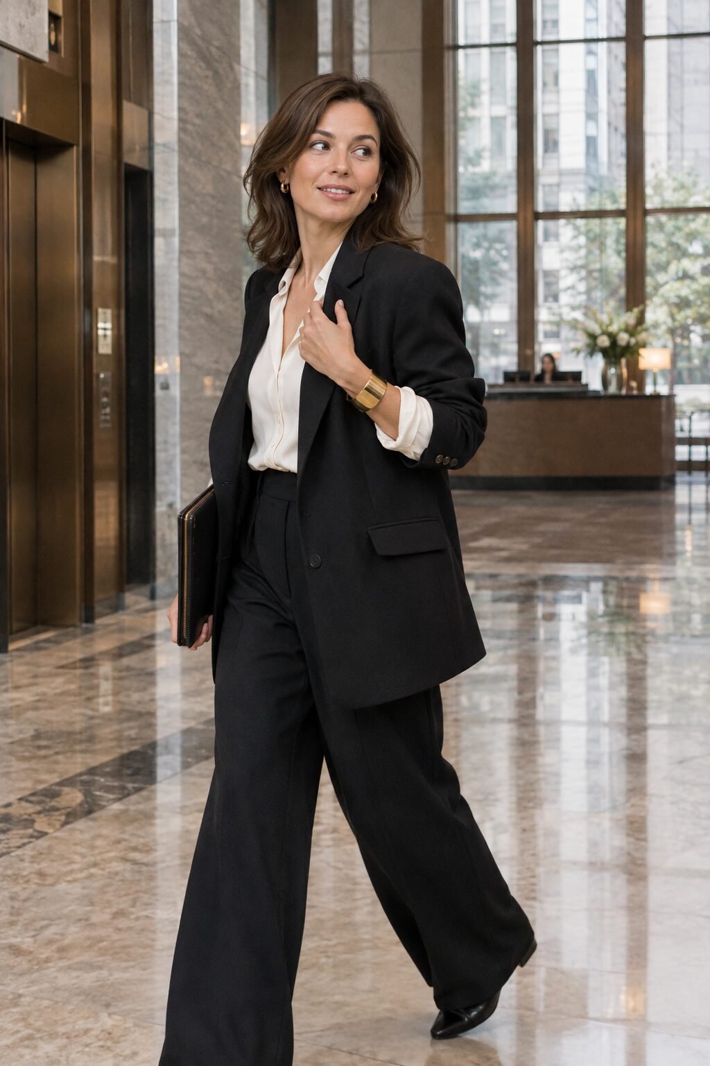 old money outfit with a black tailored blazer, ivory silk blouse, and a stacked gold cuff bracelet