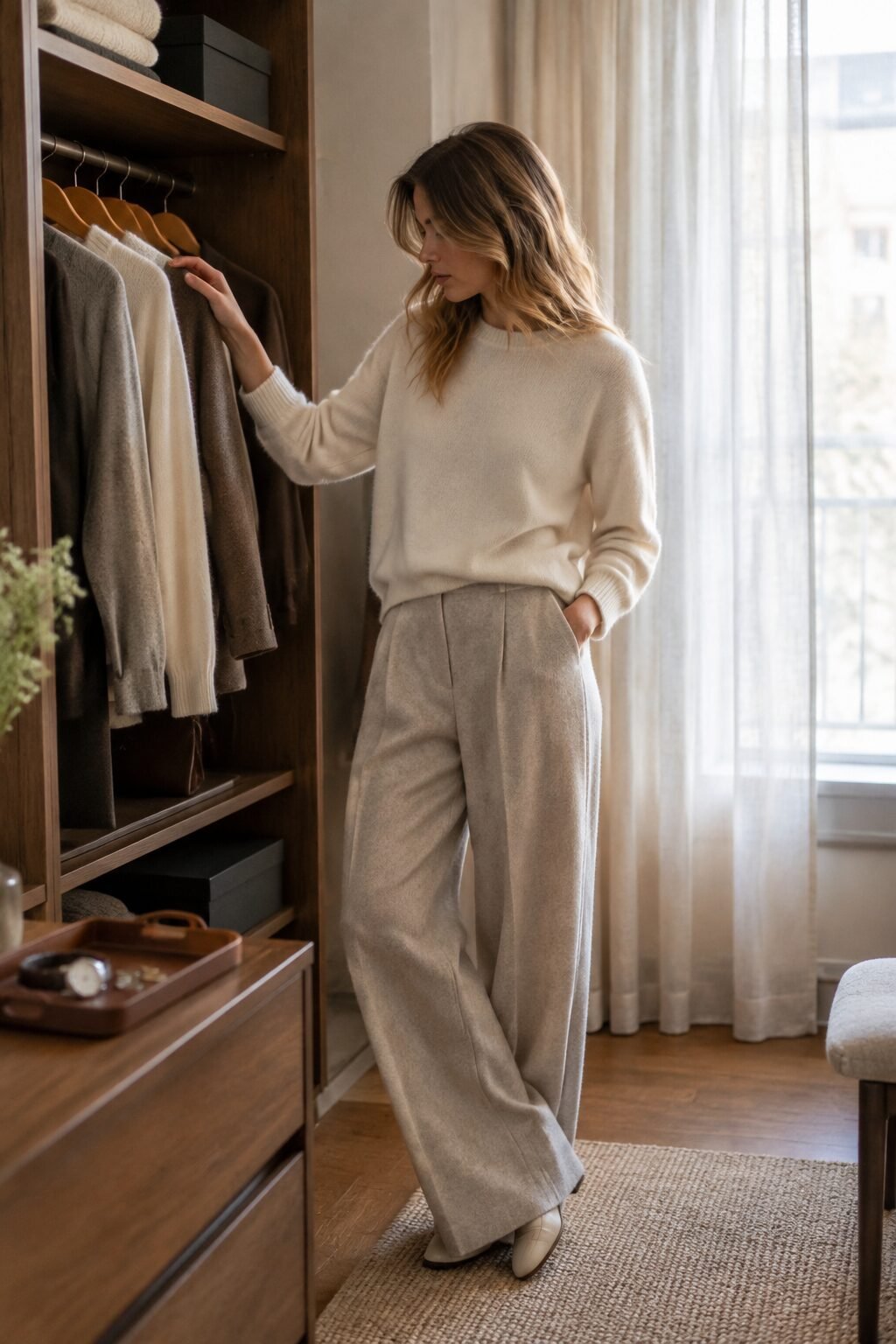 woman building an old money style uniform of repeated neutral wool pieces