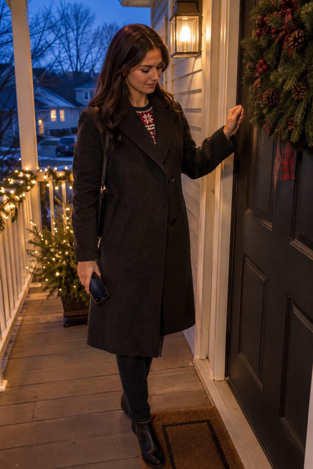 Woman pausing at a friend's front door before a holiday party, coat still on, checking her phone is on silent