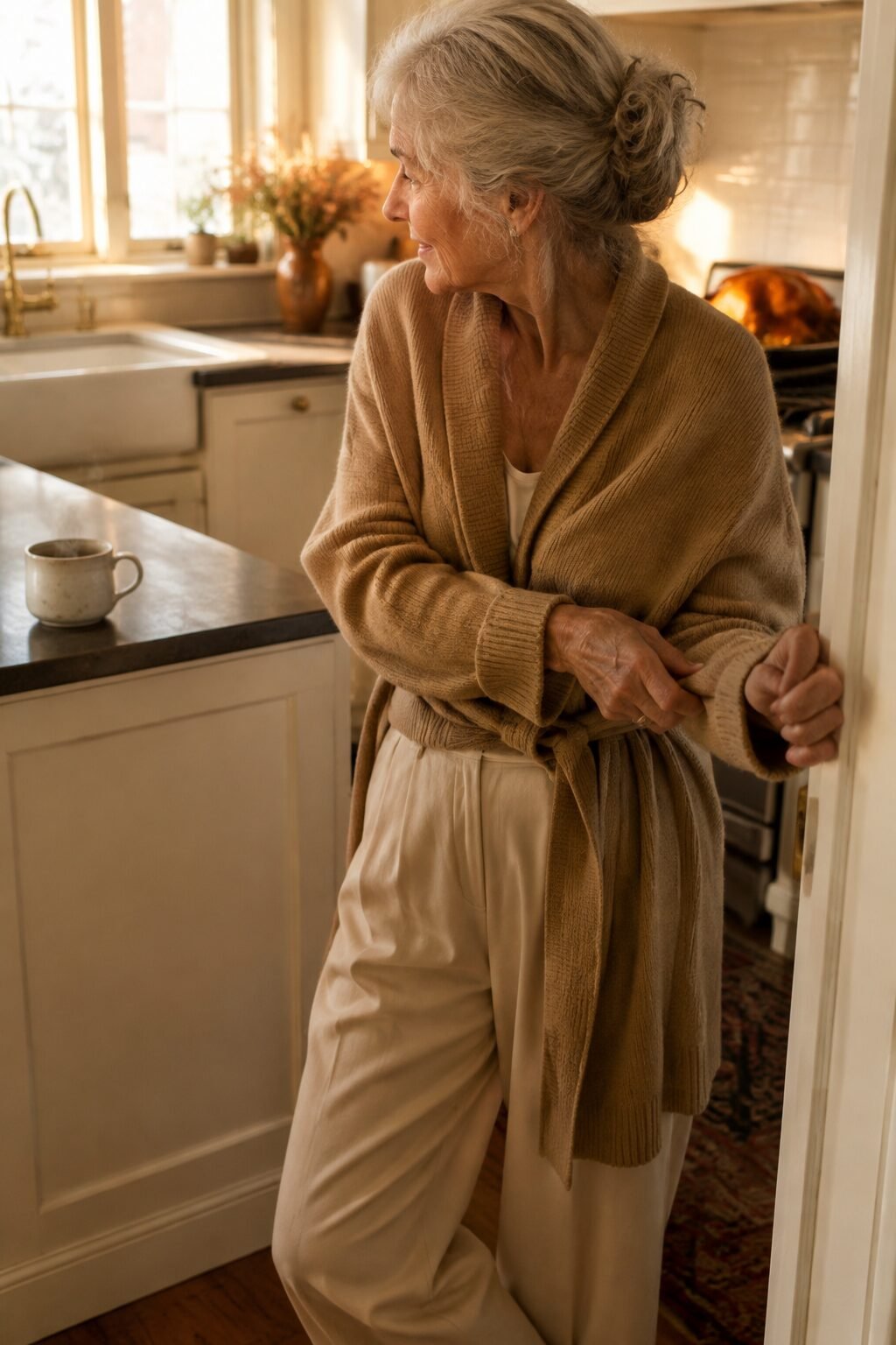 elegant thanksgiving outfit for women in their 70s: camel wrap cardigan and cream wide-leg trousers for hosting Thanksgiving dinner
