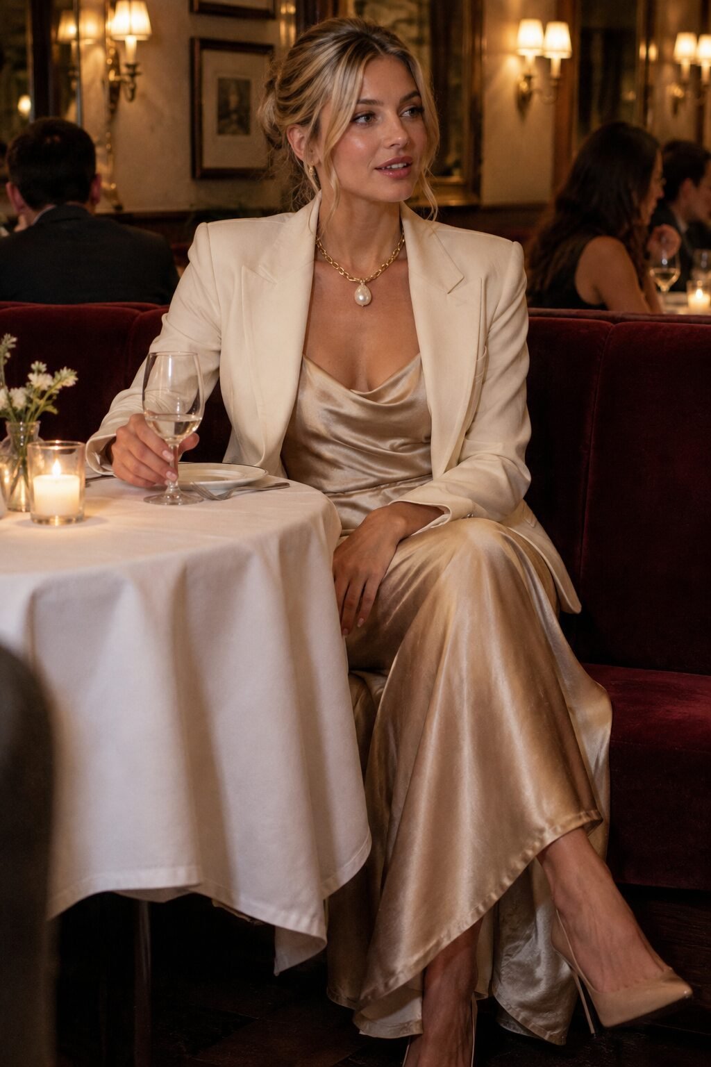 old money date night outfit: ivory silk slip dress and blazer with a gold baroque pearl statement necklace