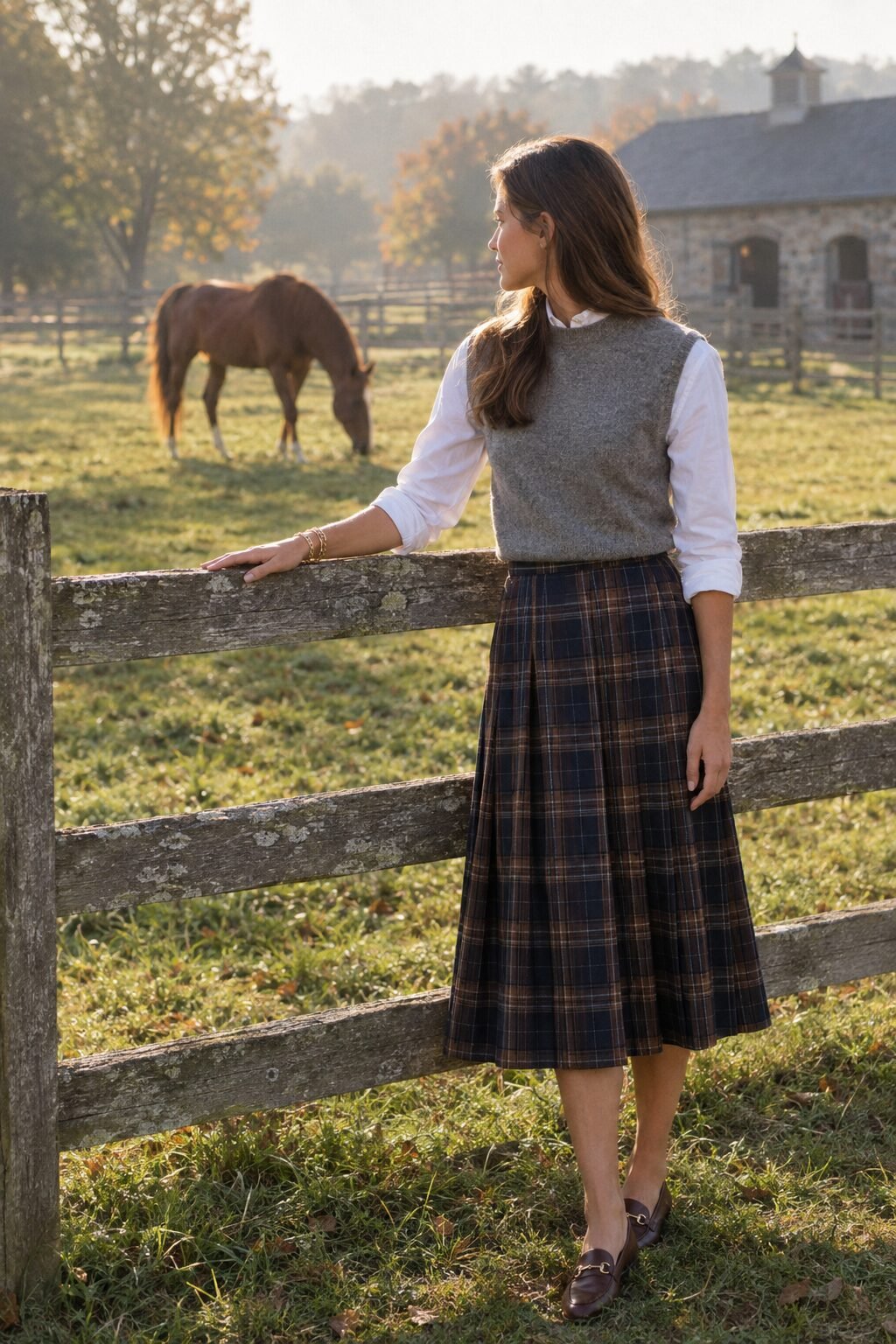 old money equestrian outfit with a grey cashmere sweater vest, white collared shirt, pleated midi skirt, and a gold link bracelet