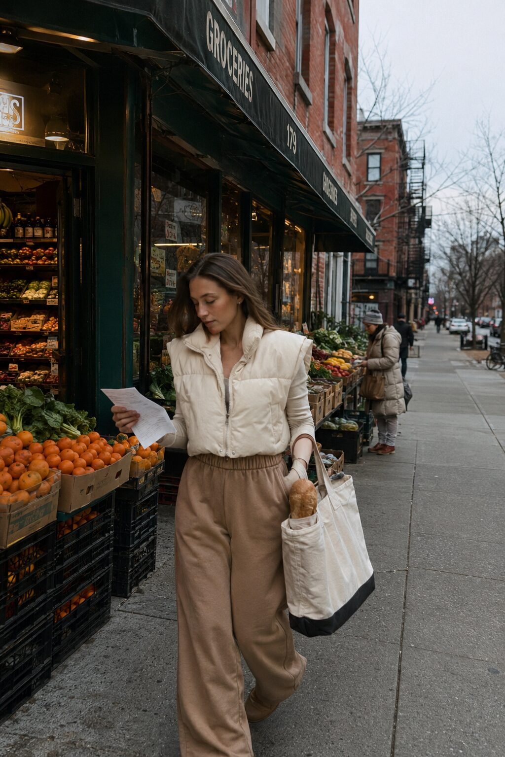 elegant errand day outfit: cream cropped puffer vest with camel wide-leg sweatpants