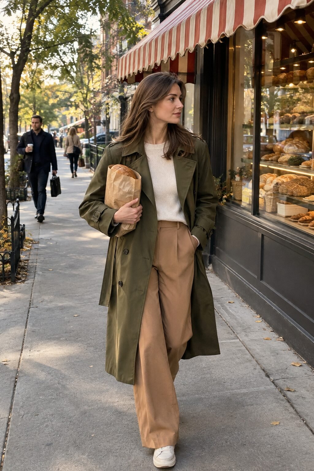 elevated olive green fall outfit: belted olive trench coat over a cream cashmere sweater with camel wide-leg trousers