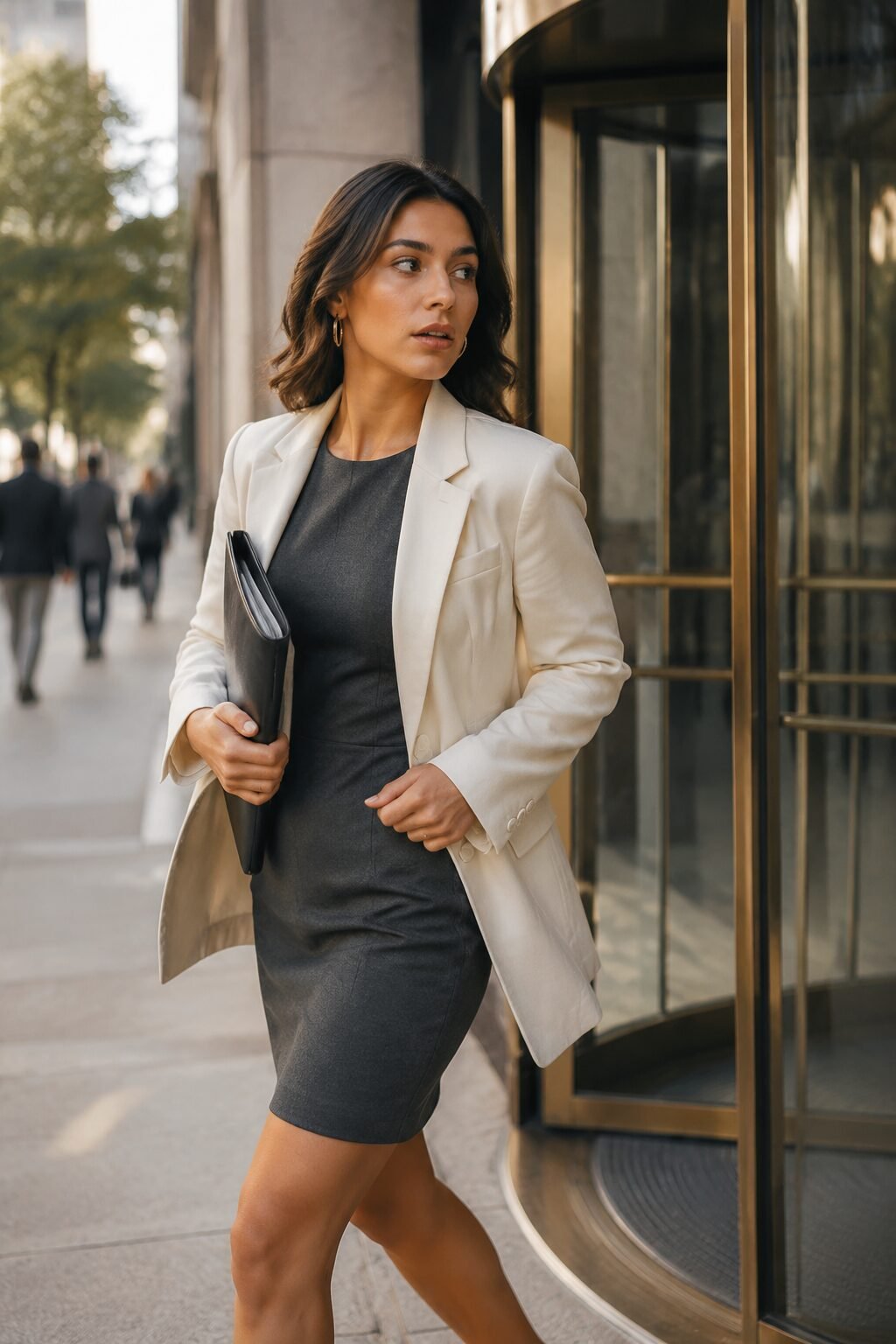 wrinkle-resistant work outfit: charcoal ponte sheath dress under a cream oversized blazer