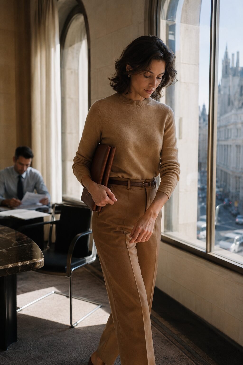 woman styling a camel cashmere sweater tucked into wide-leg tailored trousers for an office outfit