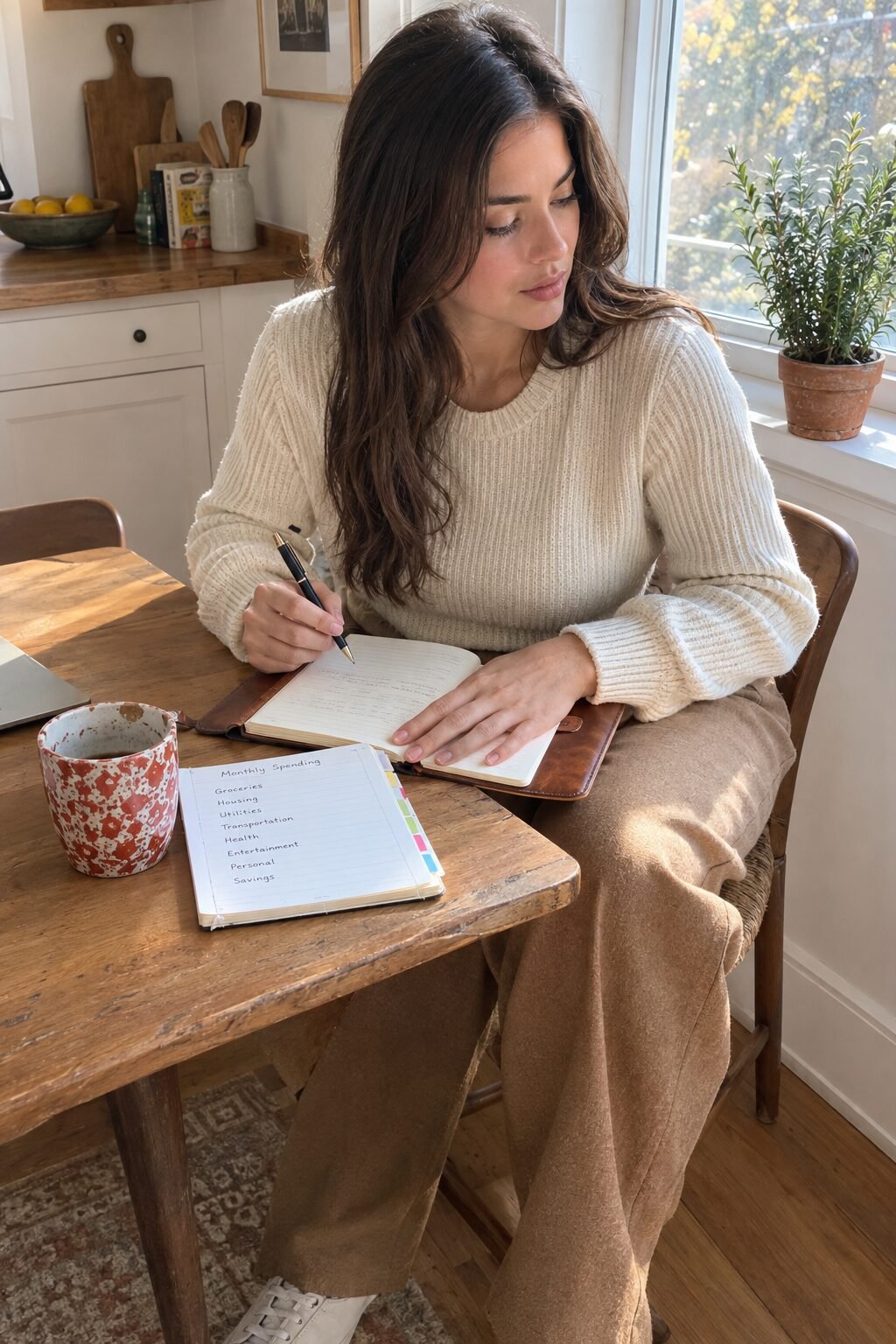 woman sitting at a table with a notebook, planning her Christmas gift budget by relationship tier