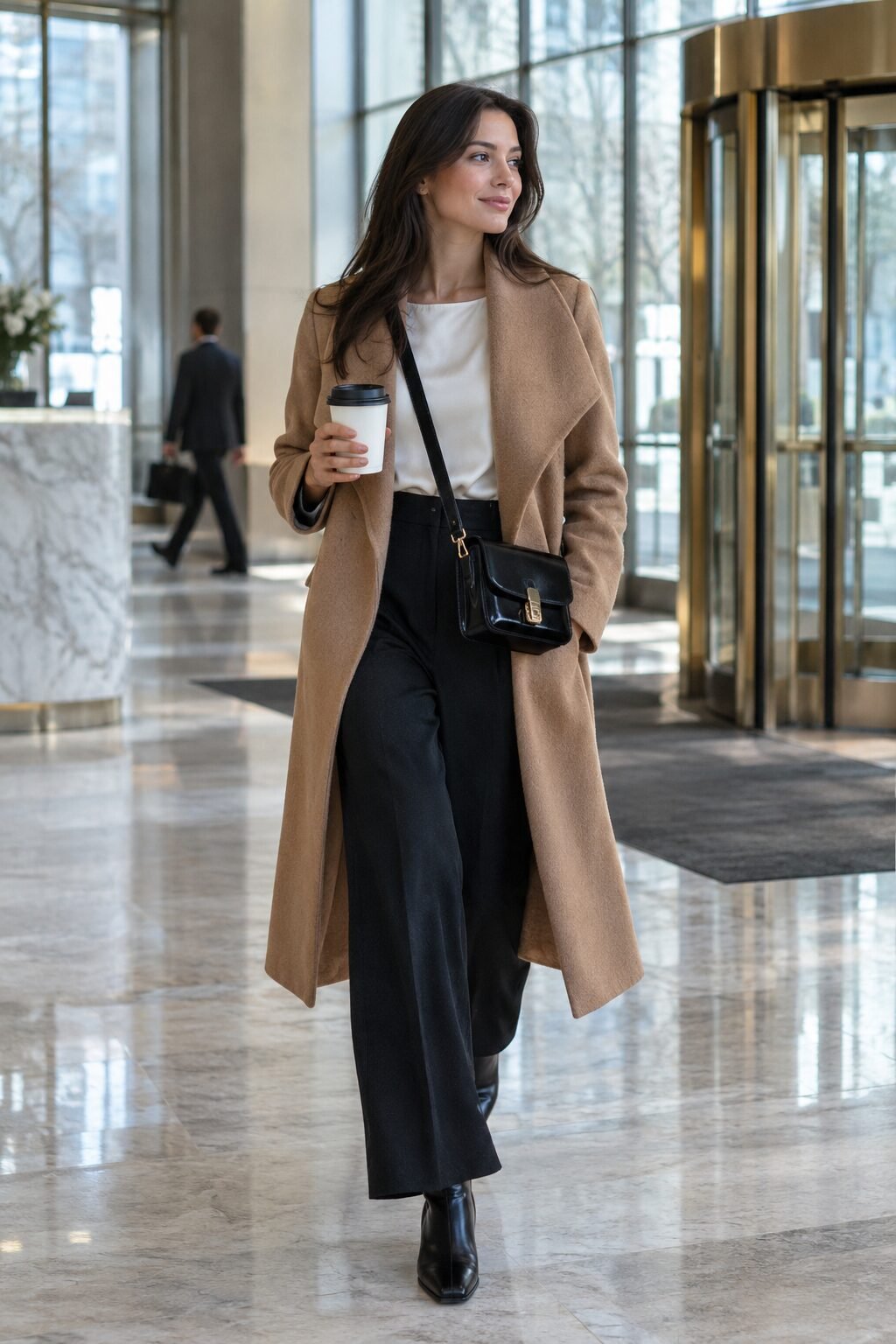 office capsule wardrobe outfit: caramel wool wrap coat, white silk blouse, black trousers, and black leather boots and bag