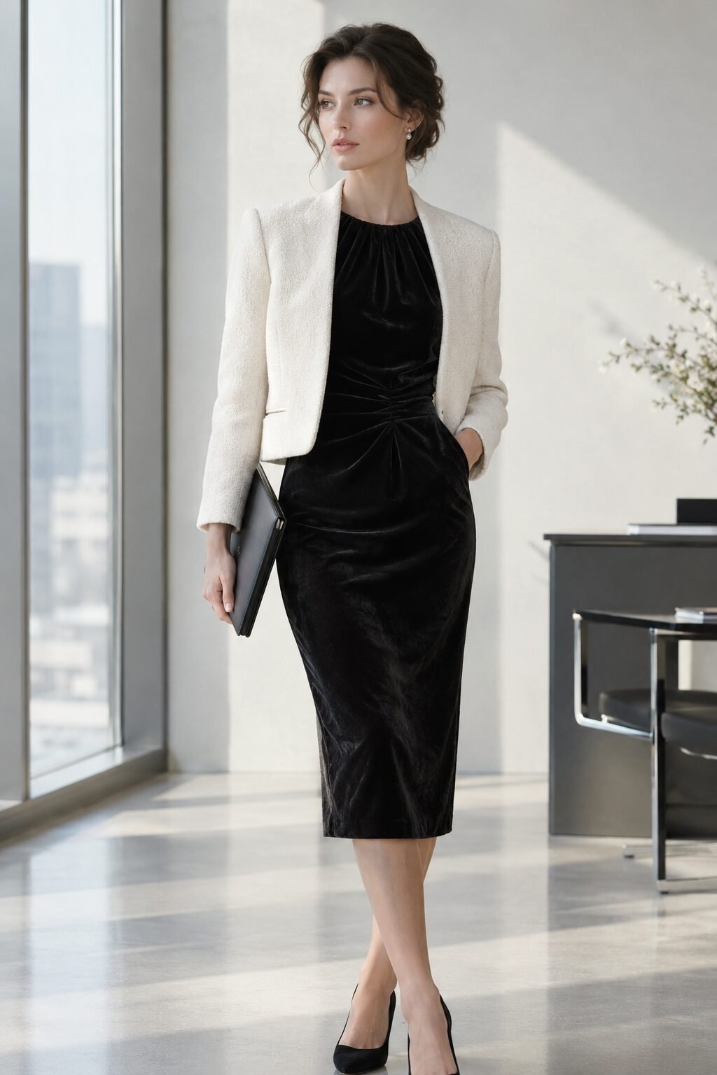 modern black dress outfit: sleeveless black sheath dress with a cropped ivory blazer for the office