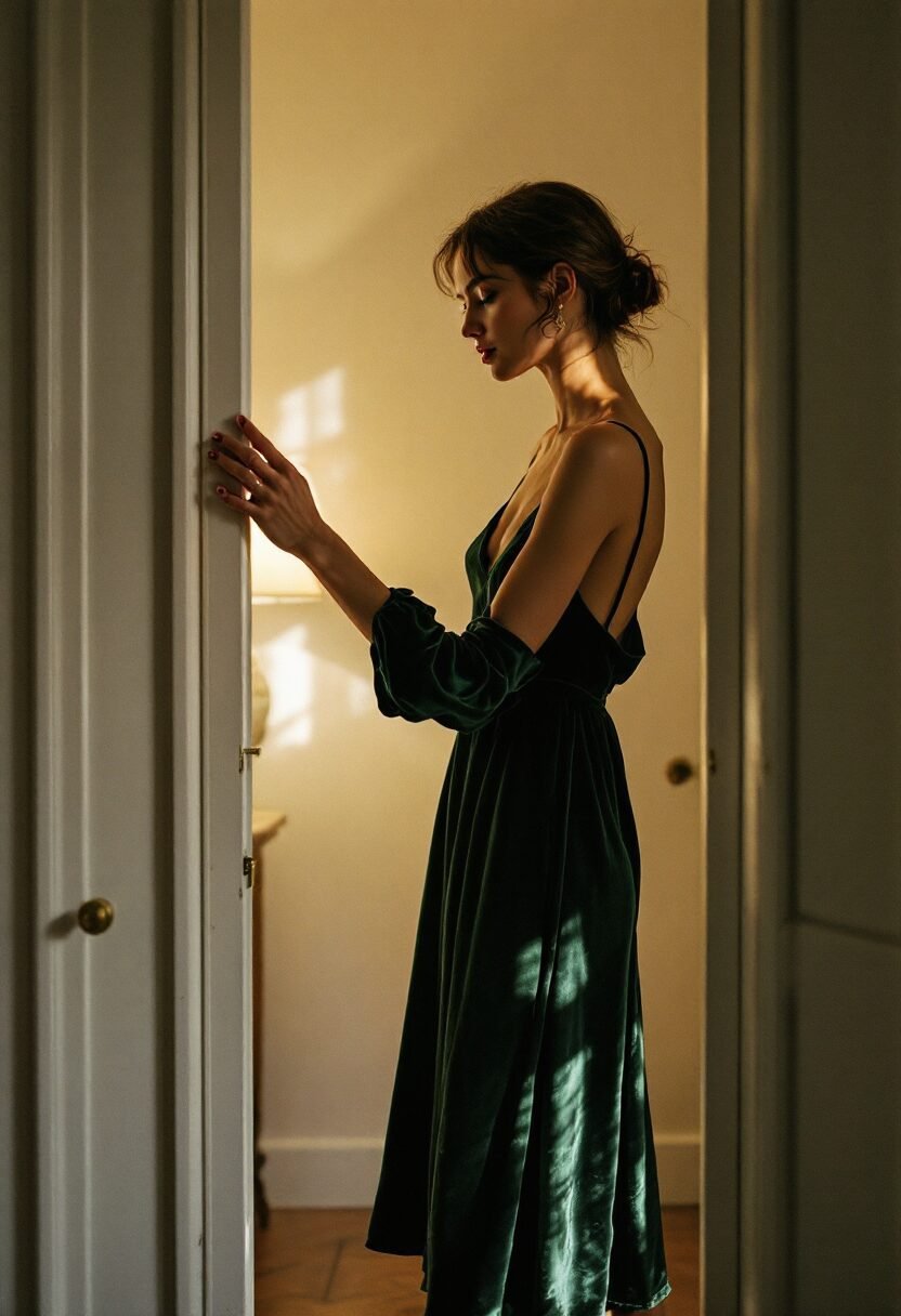 elegant holiday party outfit in velvet and wool crepe texture, old money style