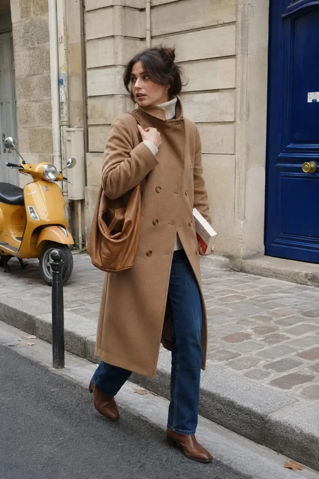 camel wool coat styled with jeans, a knit, and ankle boots for weekend errands