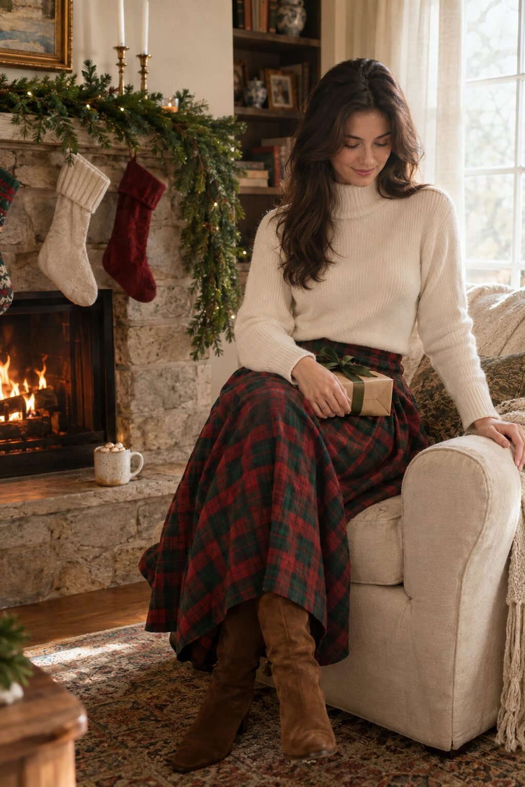 elegant christmas day outfit: ivory cashmere turtleneck tucked into a red and green plaid pleated midi skirt with tall suede boots