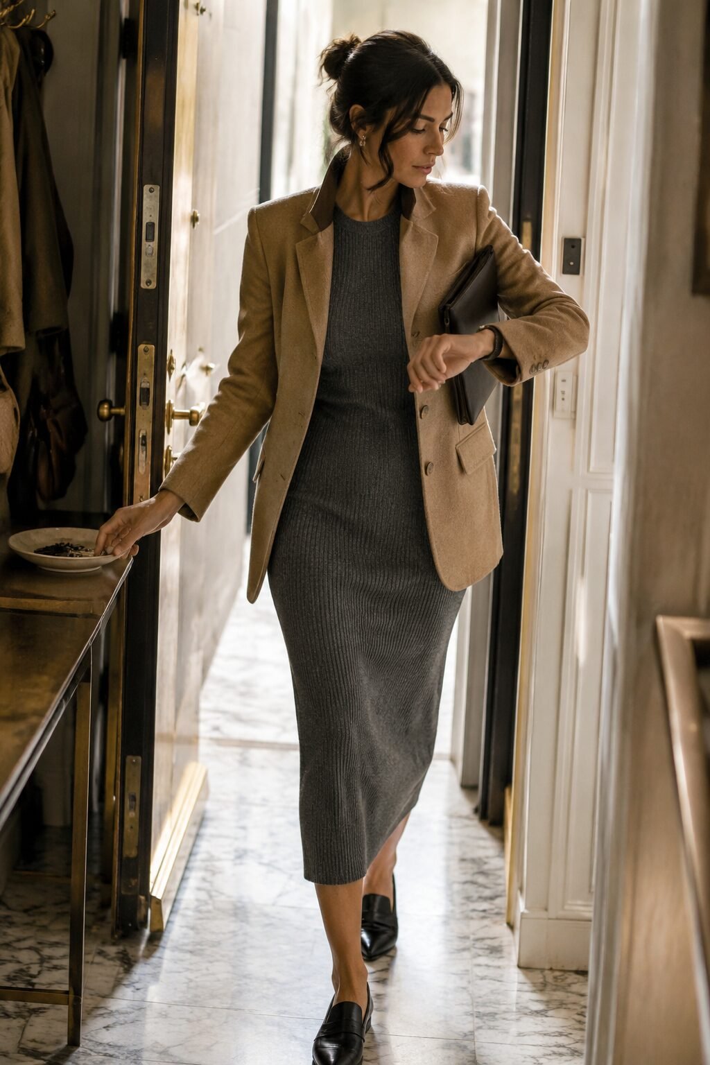 no-effort capsule wardrobe outfit: charcoal knit midi dress layered under a camel wool blazer with black loafers