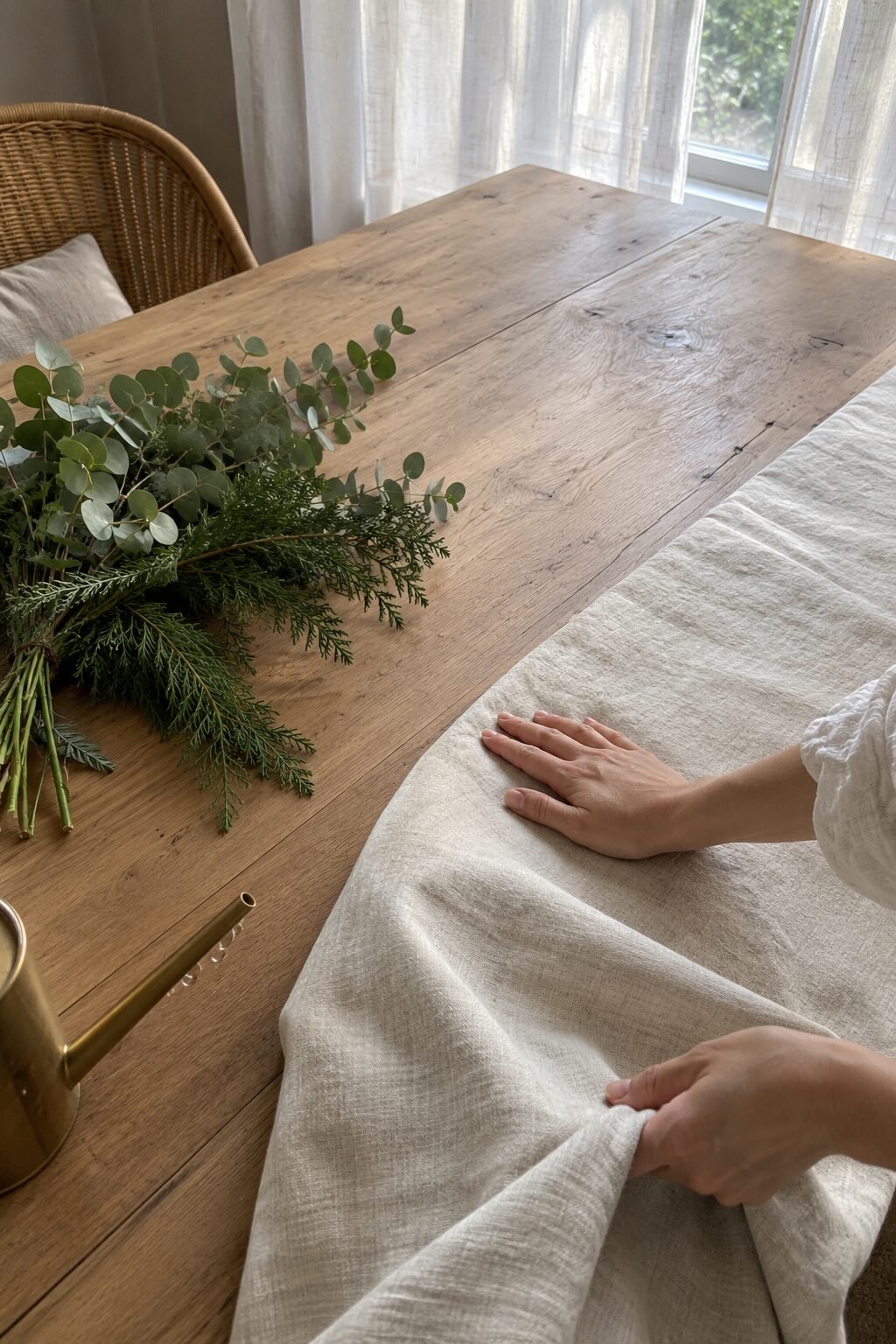 old money holiday table decor with linen tablecloth, raw wood table, and natural greenery