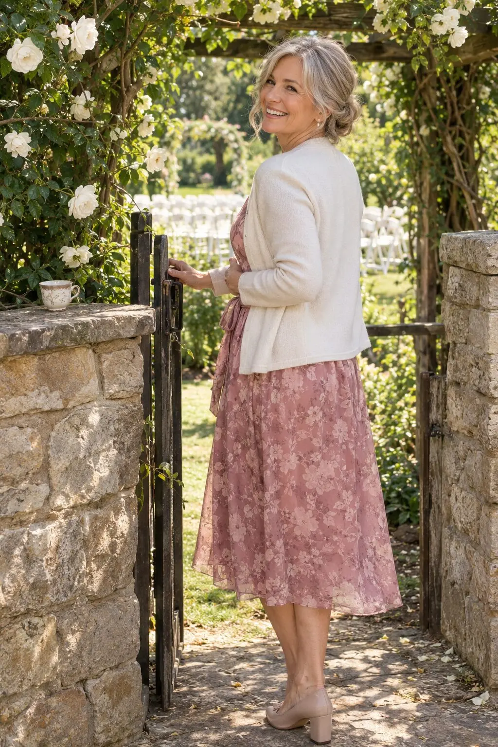 stepmother of the groom garden wedding outfit: dusty rose floral midi dress with ivory cashmere cardigan