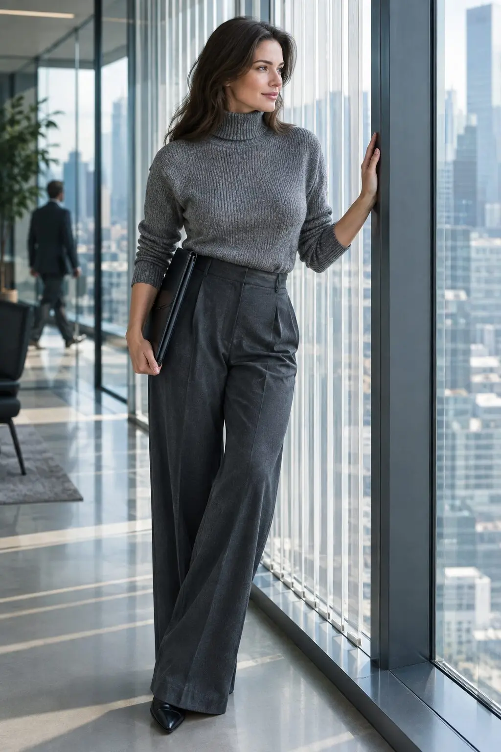 charcoal and grey fall outfit: heather grey cashmere turtleneck tucked into charcoal wide-leg trousers