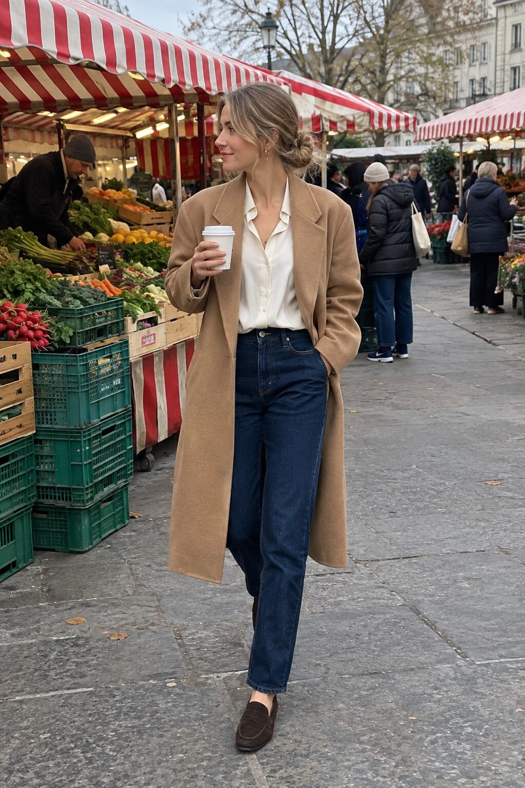 old money capsule wardrobe outfit: camel wool coat, white silk blouse, straight-leg jeans, and cognac loafers