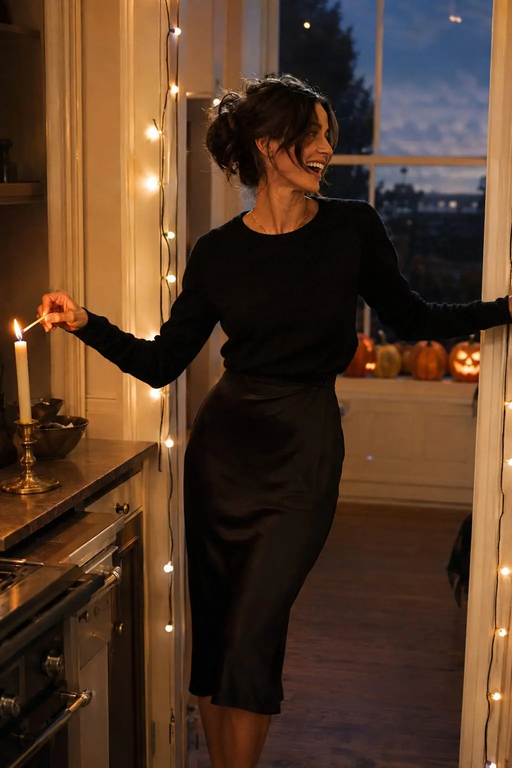 chic all black halloween outfit: silk bias skirt and fitted black knit top