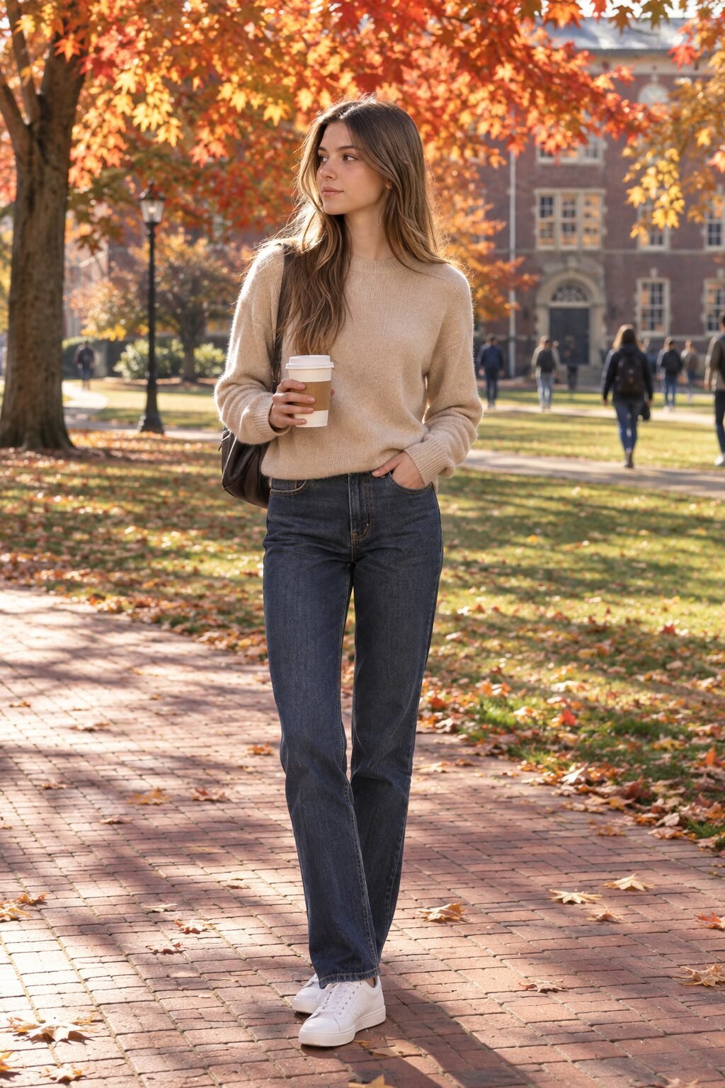 college capsule wardrobe outfit: beige cashmere crewneck sweater, dark indigo jeans, and white leather sneakers