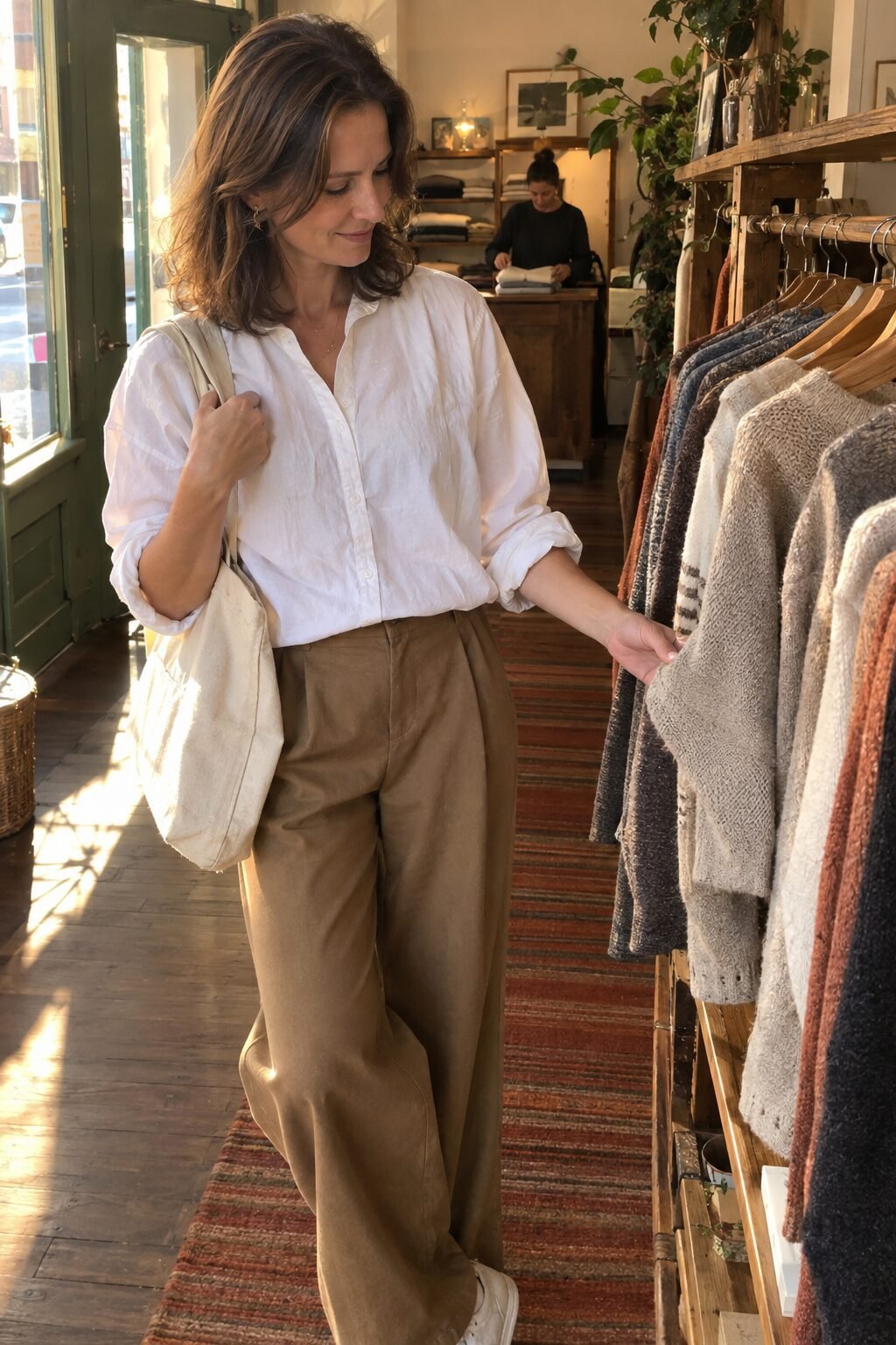 woman running her hand over the sleeve of a knit sweater on a boutique rack to test quality fabric by feel