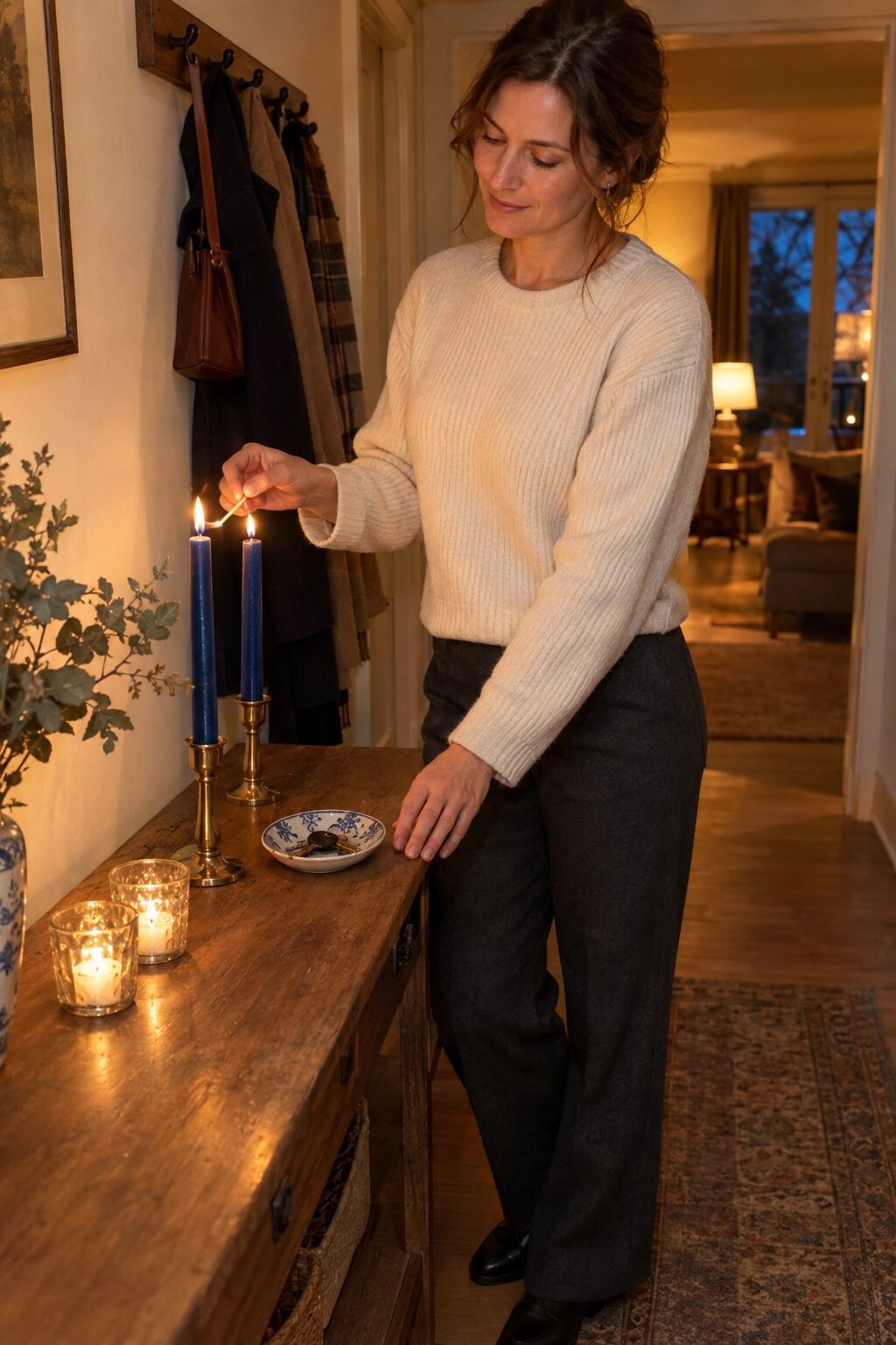elegant holiday hosting tips: a softly lit entry with votive candles, taper candles and a tray for keys