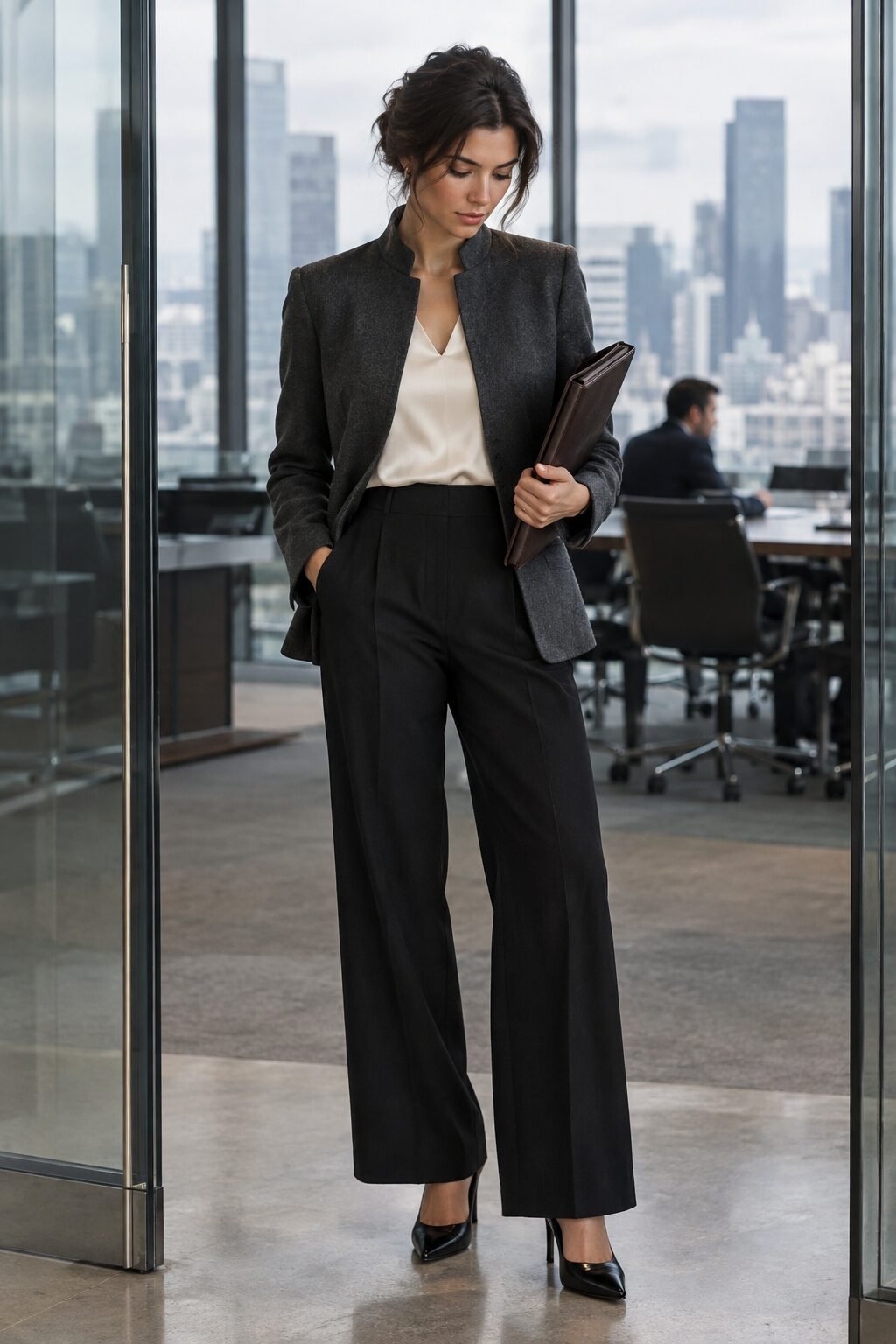 winter office outfit: charcoal blazer, ivory silk blouse, and wide-leg trousers for a client meeting