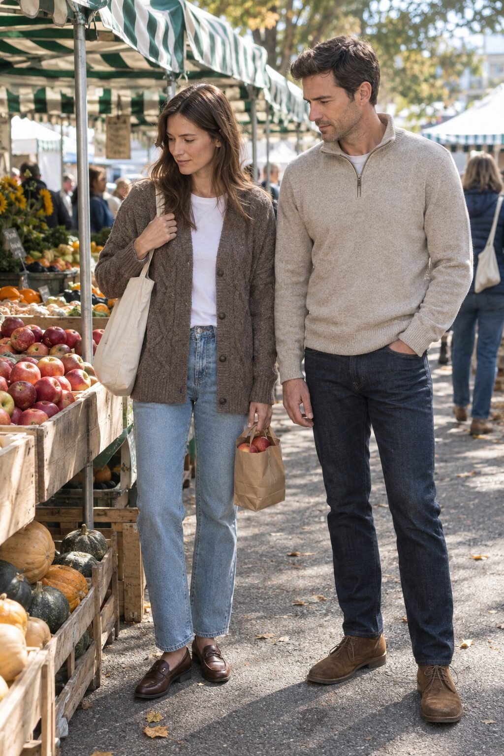 old money couple outfit for a farmers market: heather brown cable cardigan, light-wash straight jeans and cocoa penny loafers