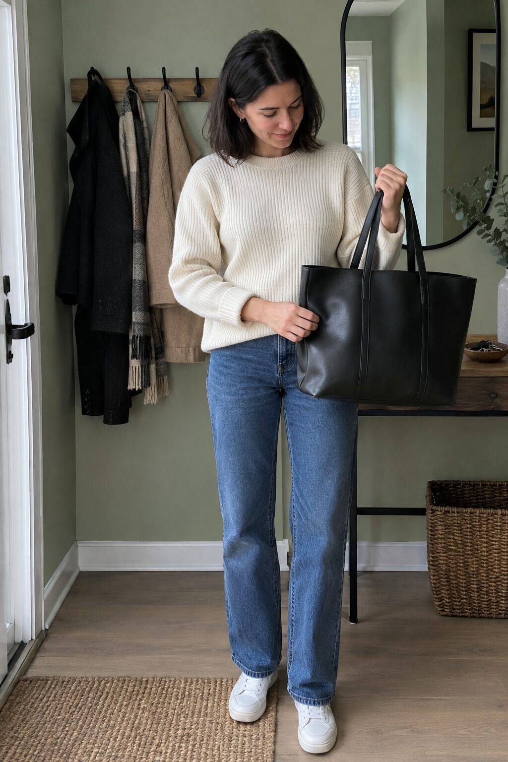 woman pressing her thumb into the smooth leather of a structured black tote, quiet luxury handbag buying tip