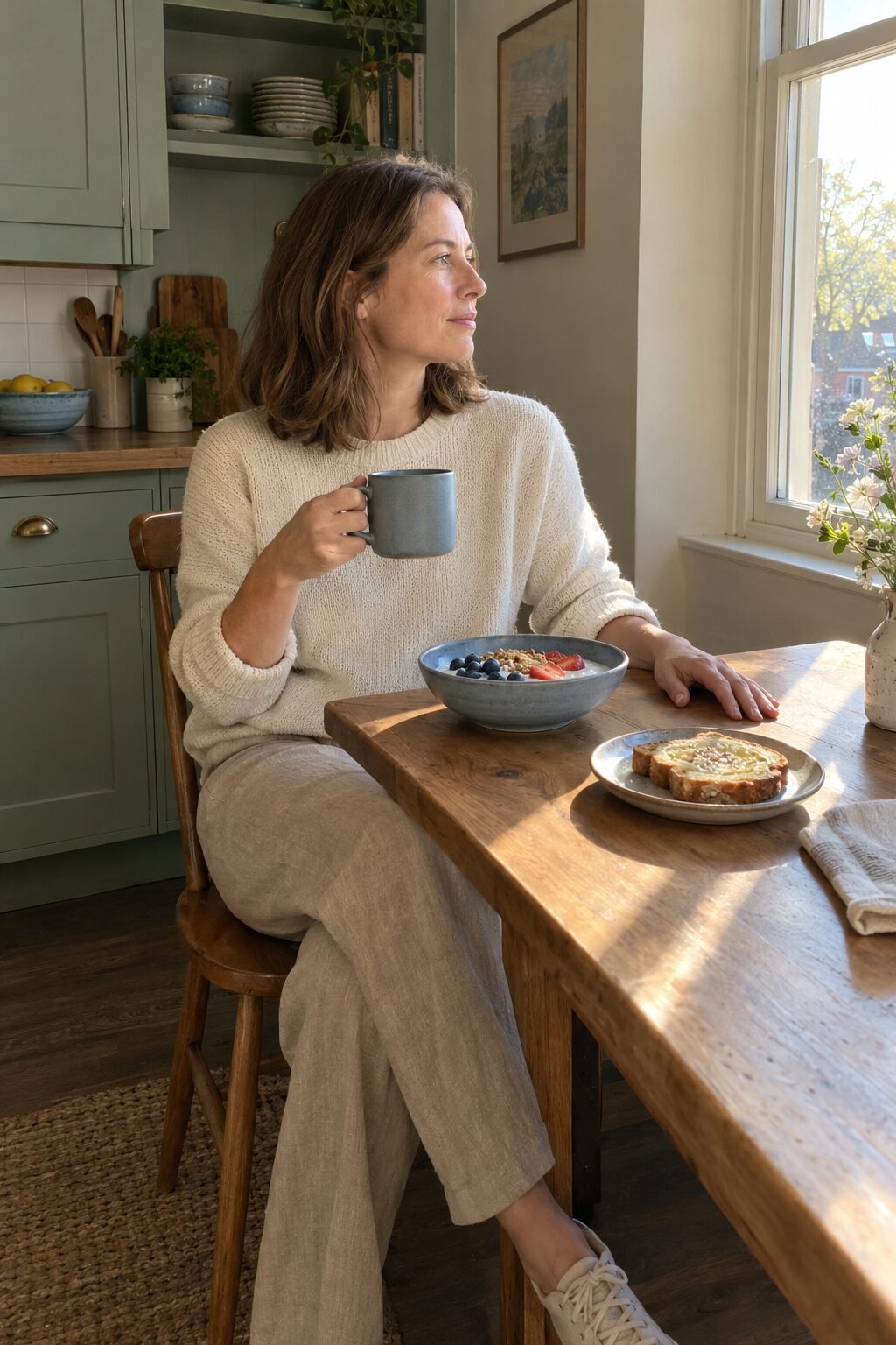 woman eating a slow weekend breakfast of toast and coffee at a set table by a sunny window, a luxurious weekend habit
