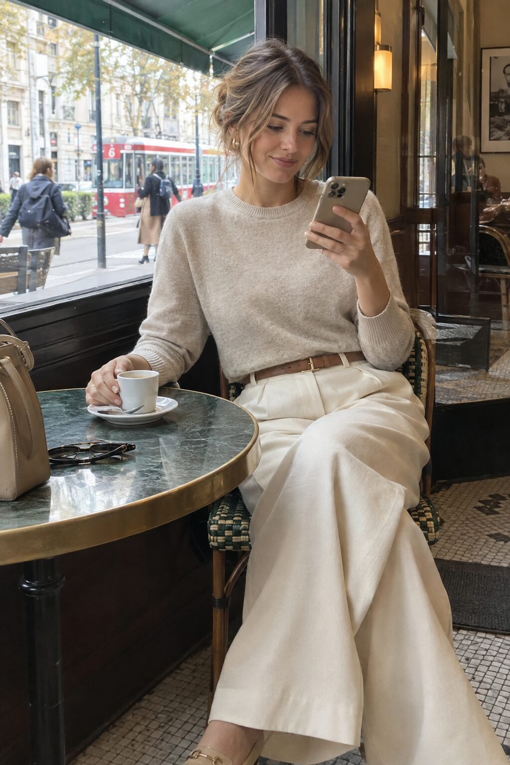 woman scrolling a phone at a cafe table, seasonal shopping pressure