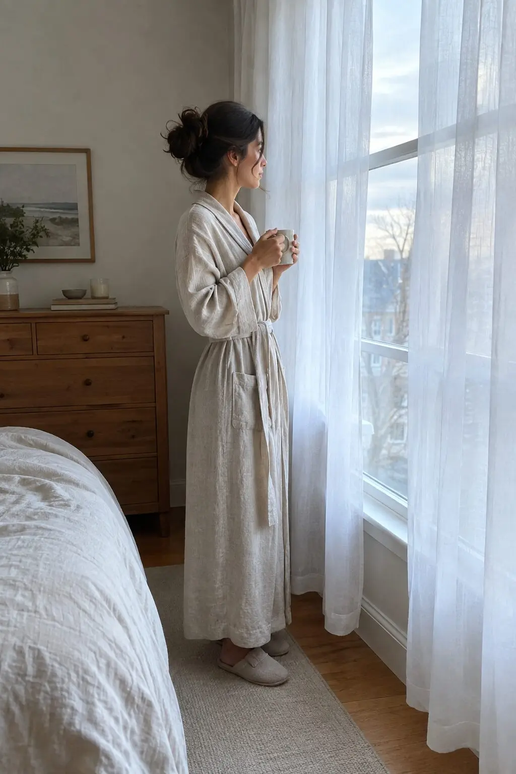 A woman standing at a bedroom window in soft morning light holding a cup of tea