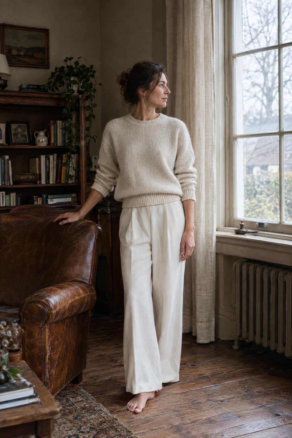 Woman in a cream knit standing in a sunlit living room, running a hand along the back of an old wooden armchair