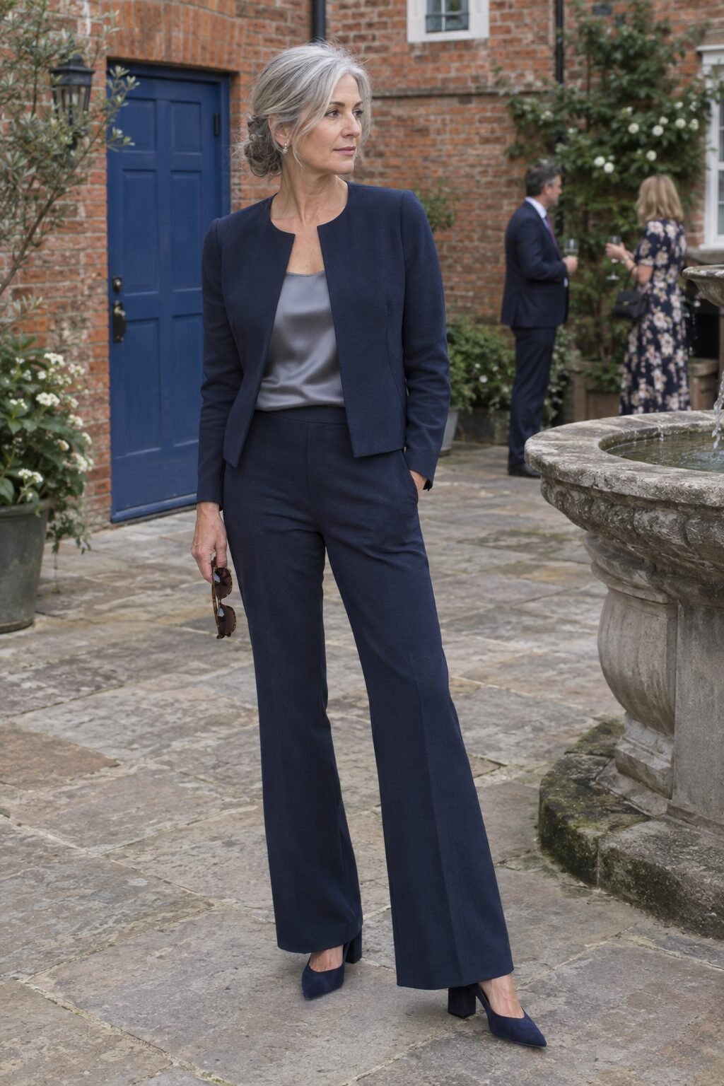 mother of the groom pantsuit outfit: navy ponte jacket, flared navy trousers and navy suede block-heel pumps