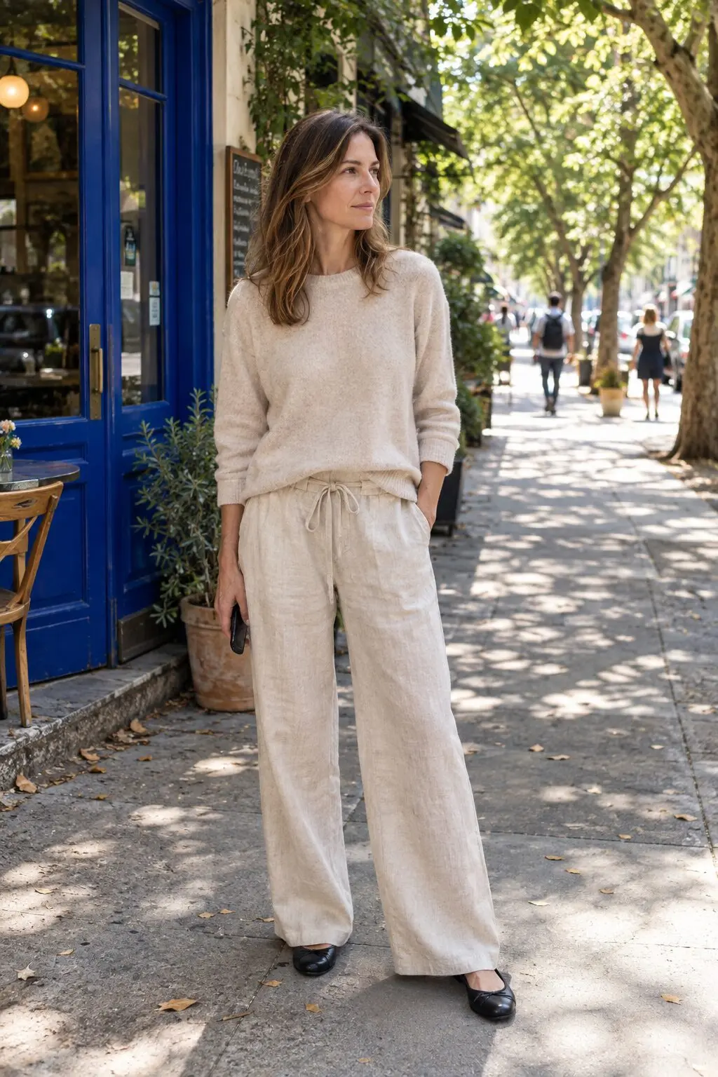 elegant comfortable outfit: oatmeal cashmere crewneck, natural linen-blend wide-leg drawstring pants and black leather ballet flats