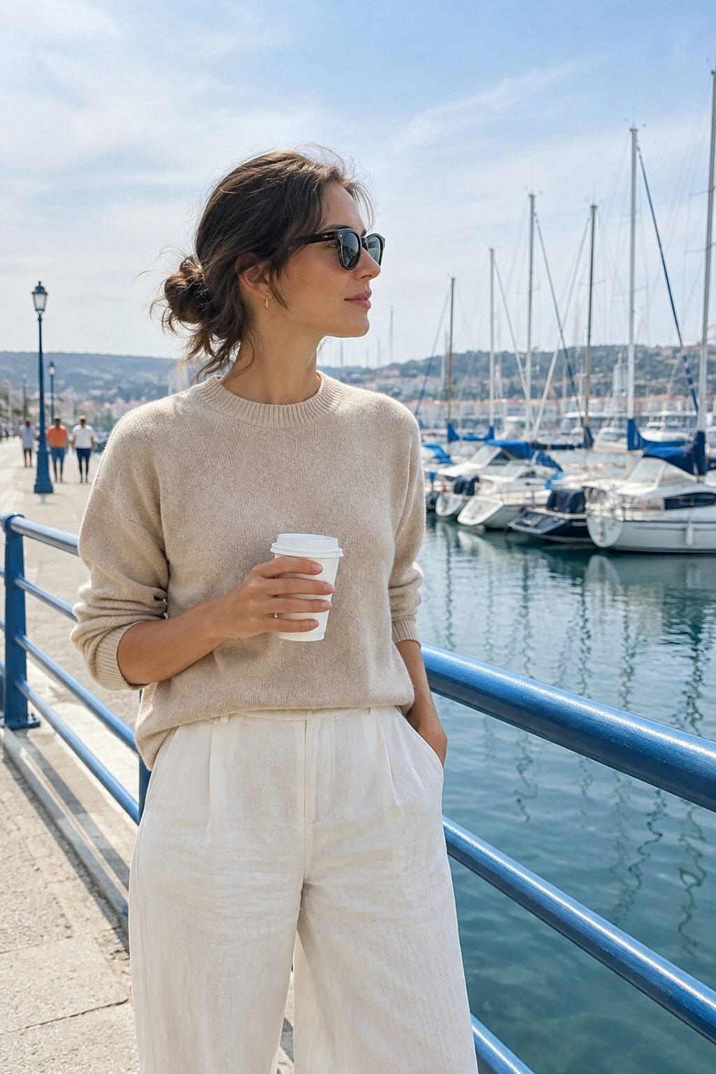old money clothes outfit: beige cashmere crewneck sweater with cream linen-blend wide-leg pants