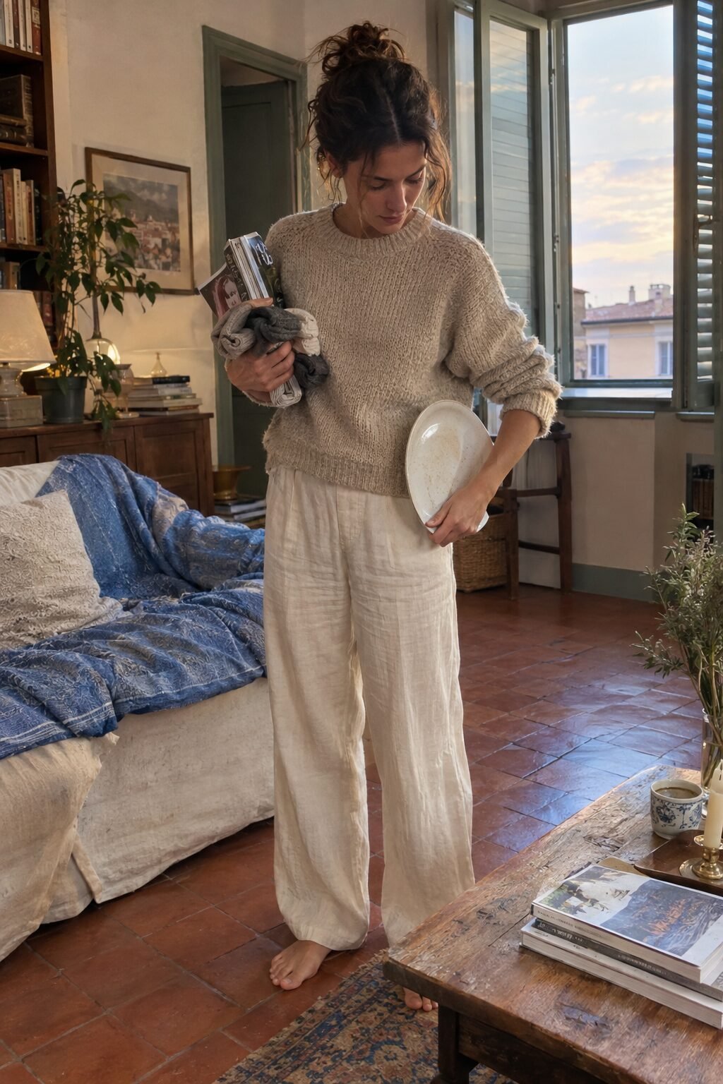 old money evening routine: a woman gathering socks, a magazine and a plate from a living room couch in the early evening