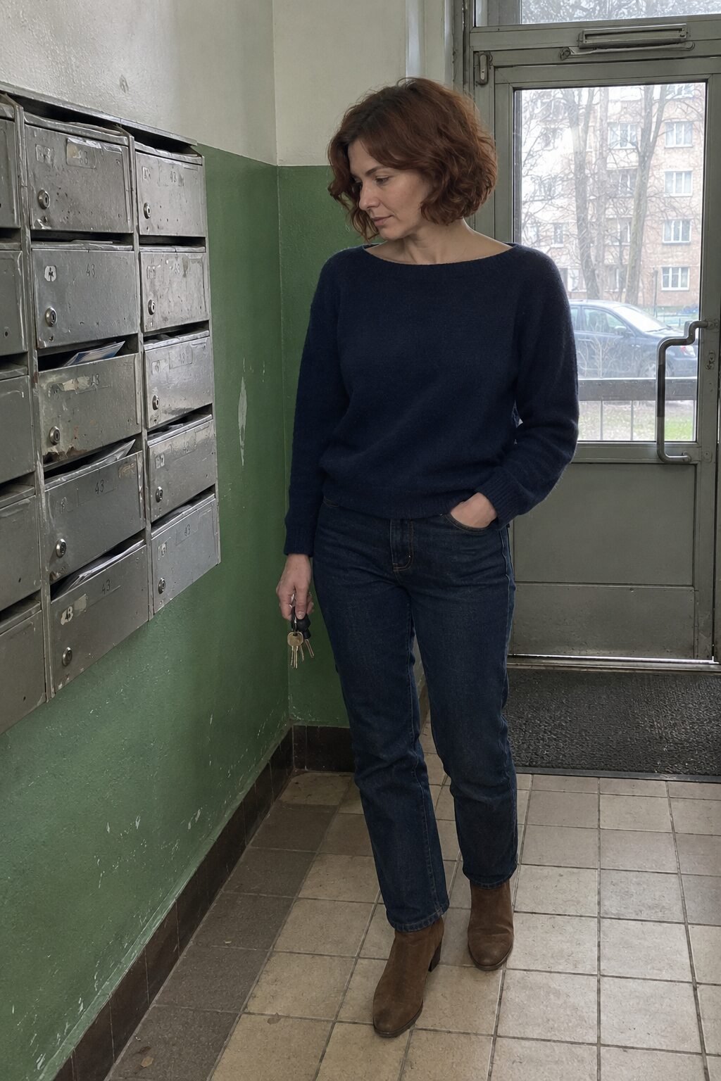 woman folding a navy cashmere sweater into a weekend bag on a bed in a bright bedroom