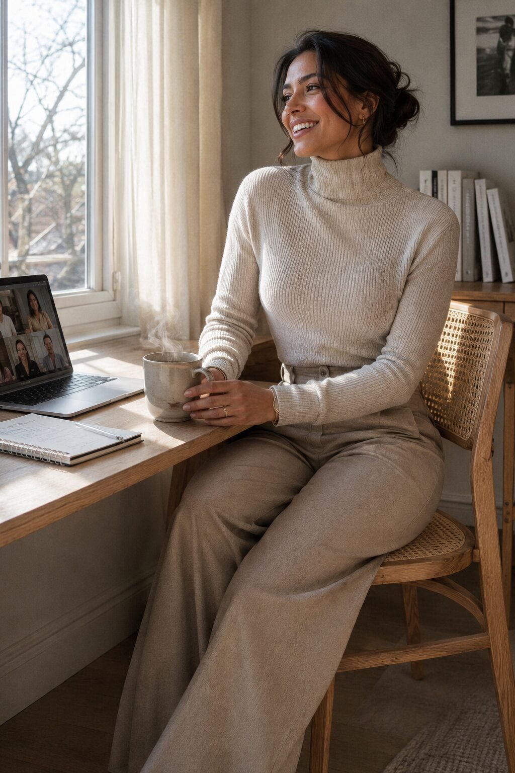 elegant work from home outfit: oatmeal ribbed turtleneck tucked into stone wide-leg trousers