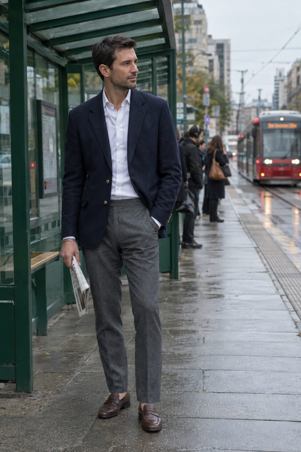 old money bracelet with a navy blazer: slim sterling silver chain at the cuff, navy flannel blazer and white shirt