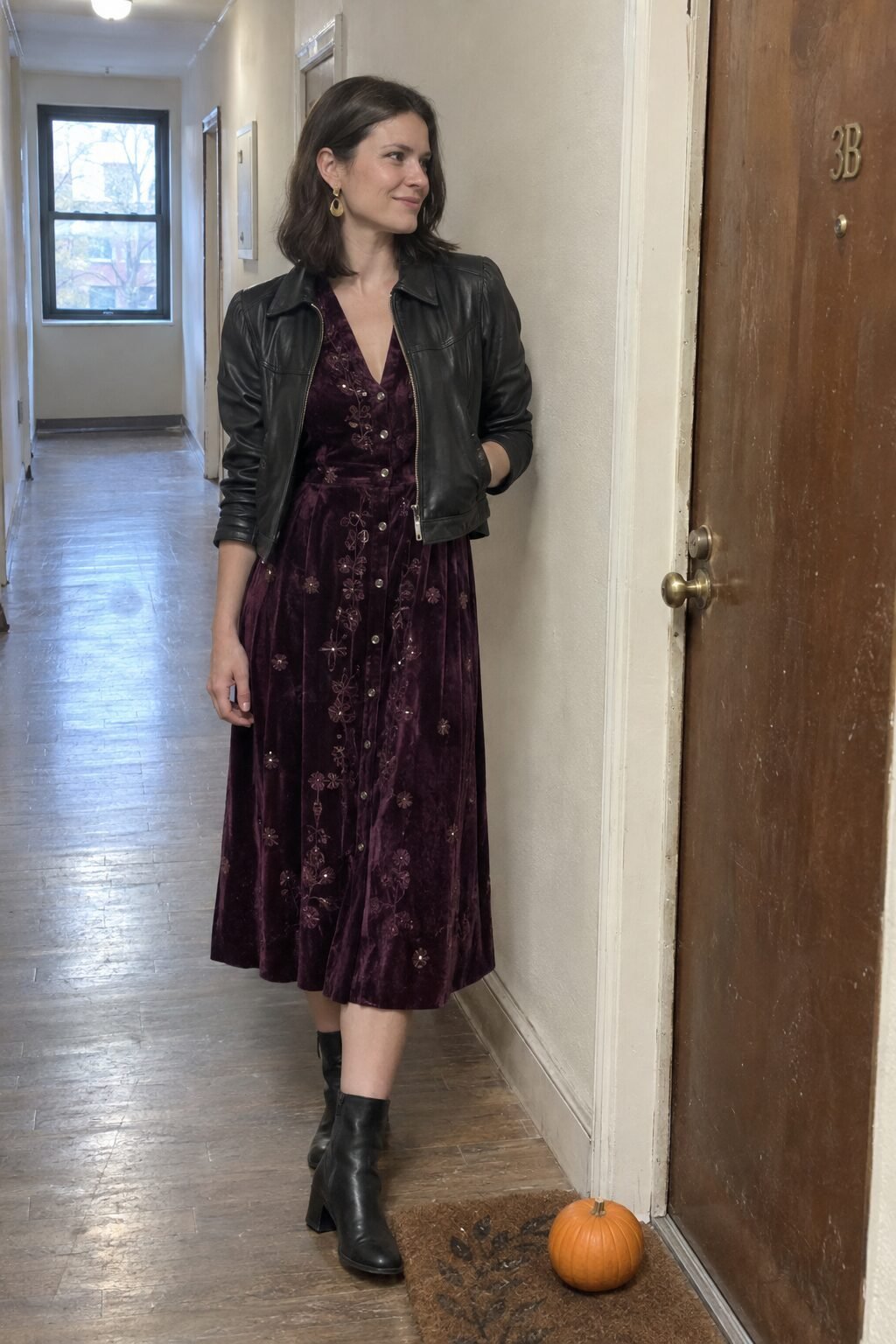Halloween capsule wardrobe party outfit: deep plum velvet midi shirt-dress, cropped black leather jacket, black ankle boots, and gold drop earrings