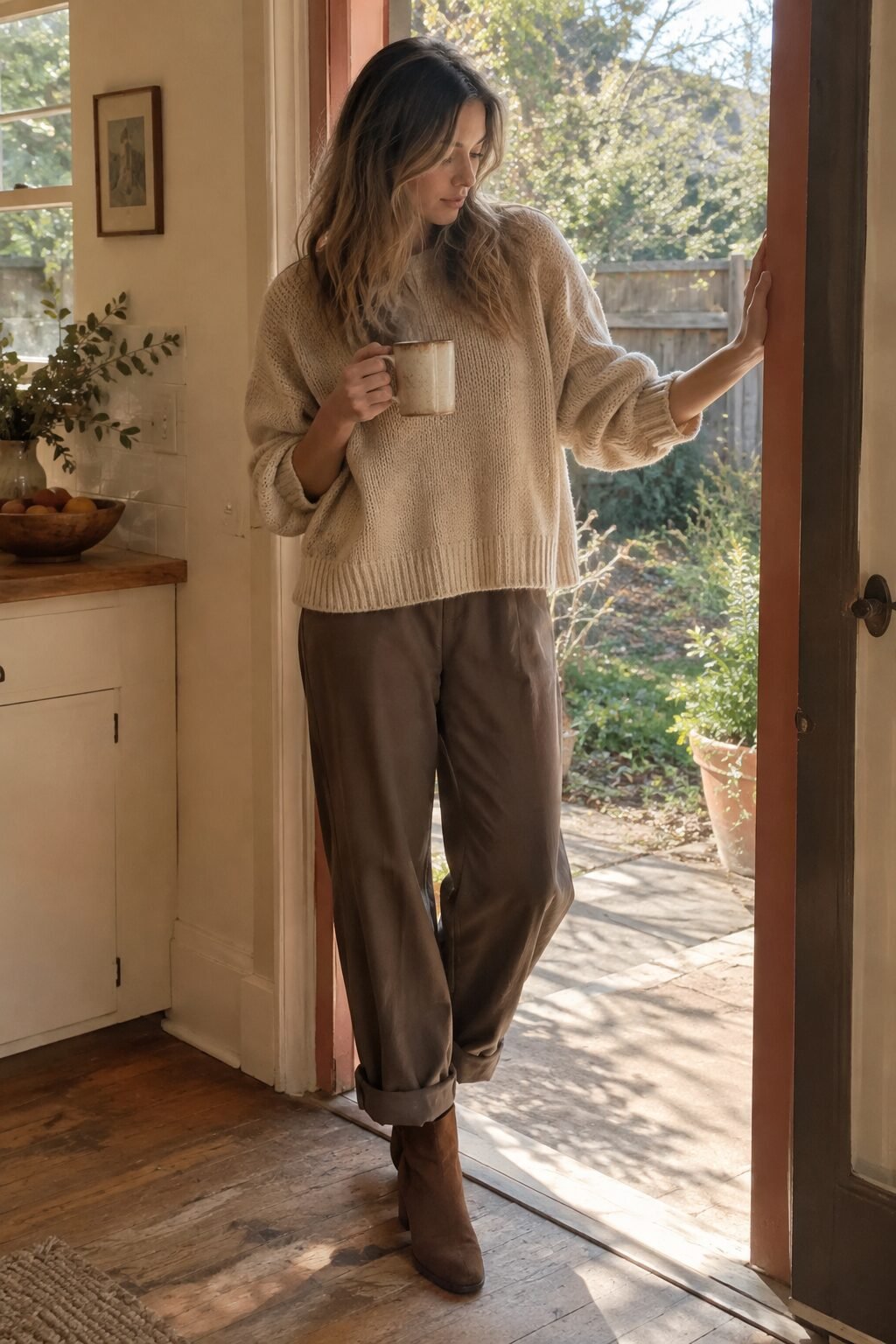 classy fall outfit with ankle boots: camel chunky knit sweater and wide-leg trousers