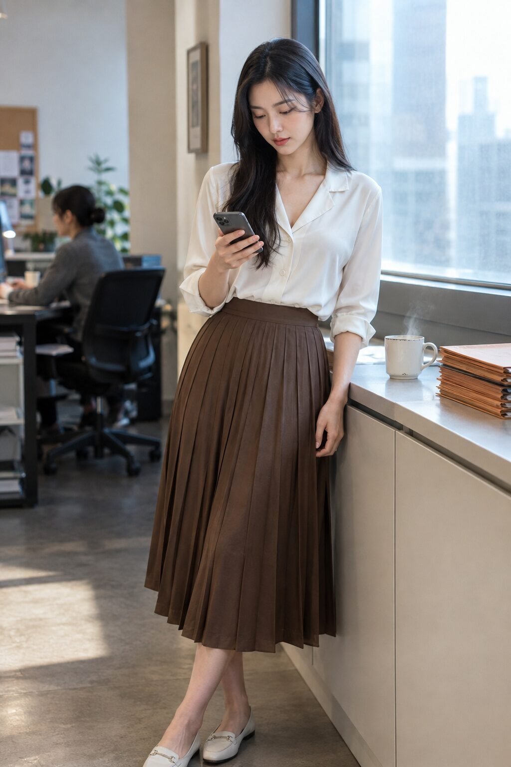 how to style a silk blouse with a pleated camel midi skirt for the office