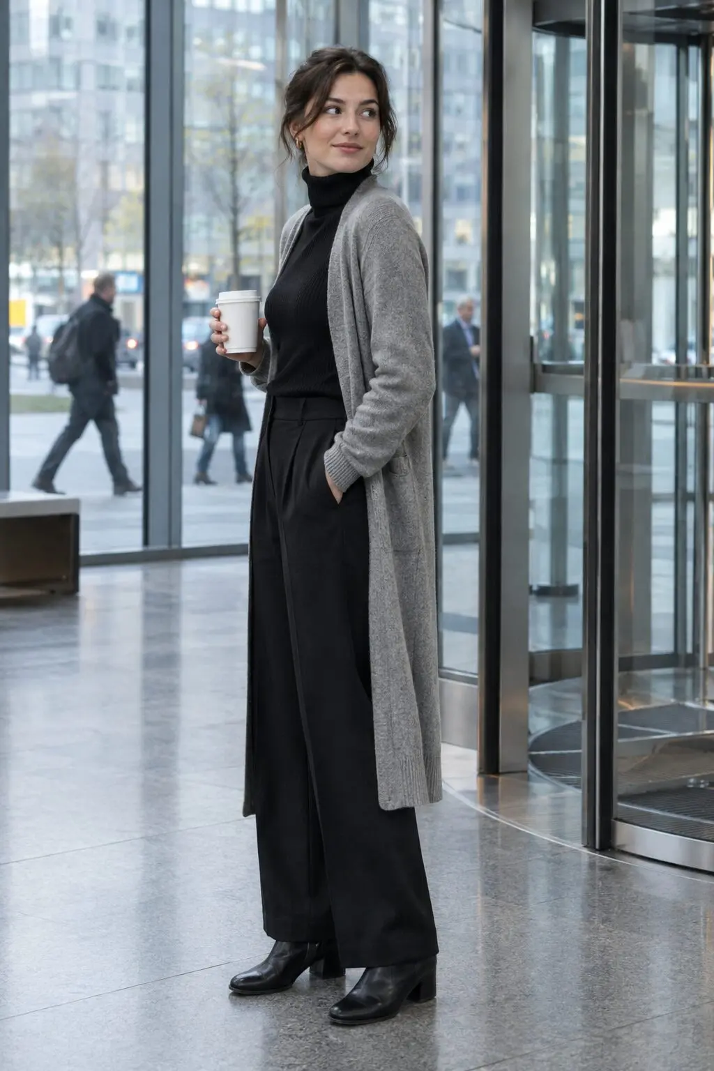 cashmere capsule wardrobe office outfit: black cashmere turtleneck, grey cashmere duster cardigan, black tailored trousers, and black ankle boots