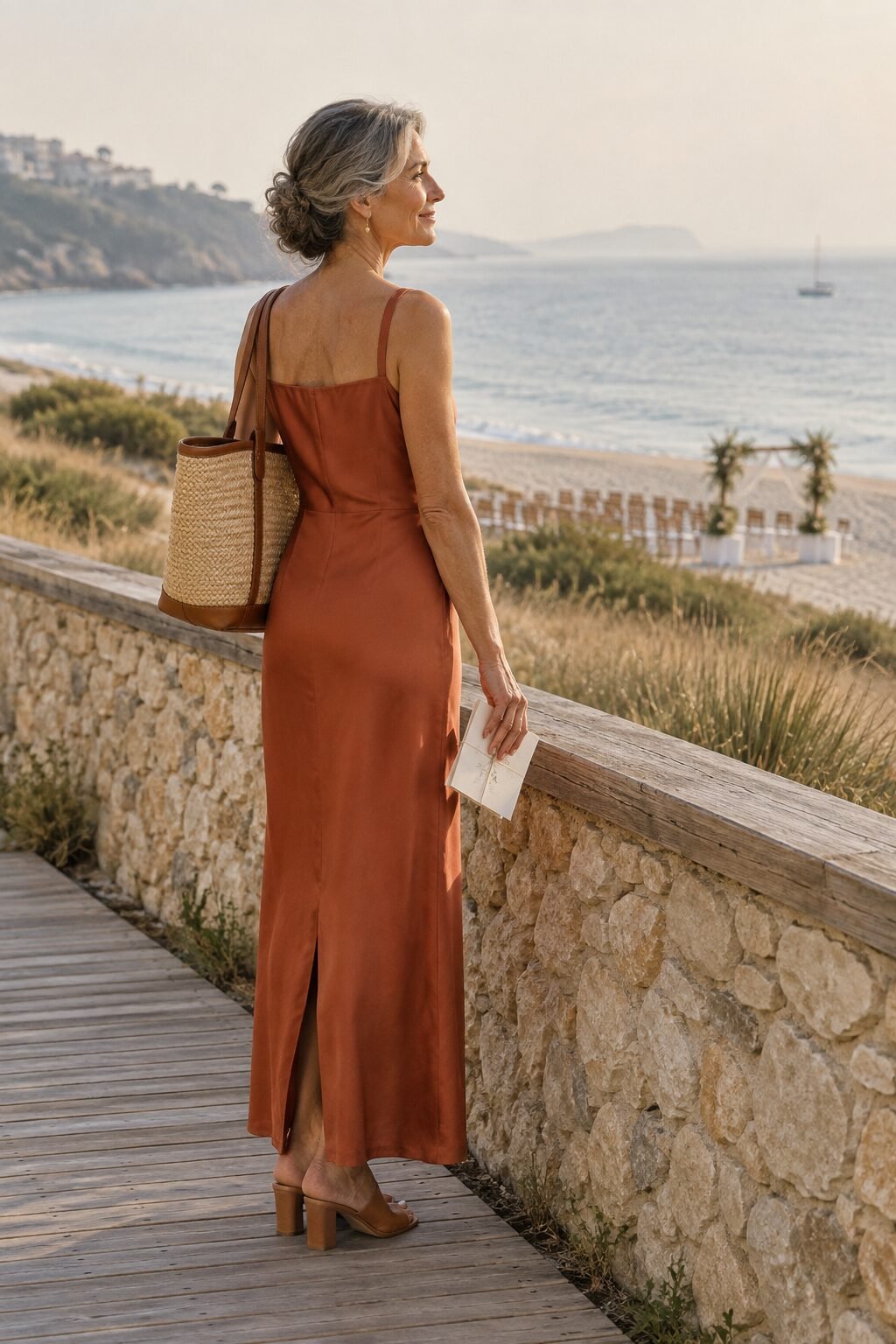mother of the groom beach ceremony outfit: terracotta silk maxi dress with a raffia tote and block-heel mules