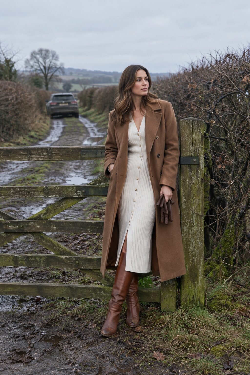 old money dress outfit: ivory ribbed knit midi dress with brown riding boots and a deep camel-brown wrap coat