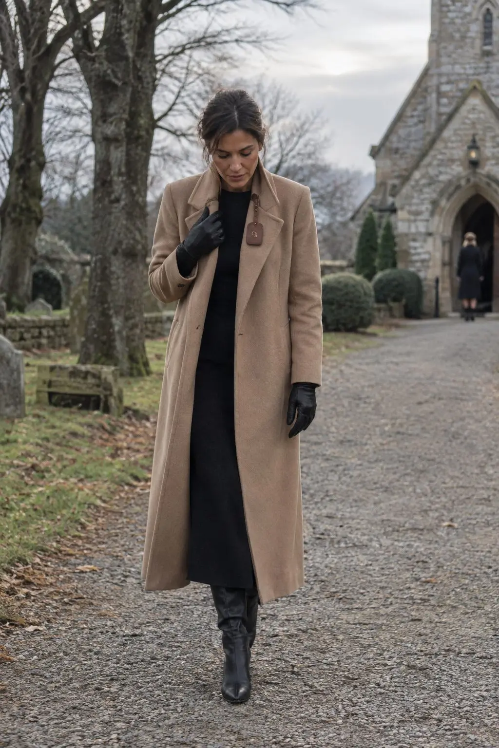 woman wearing a black long-sleeve sheath dress under a camel wool wrap coat for a cold outdoor wedding ceremony