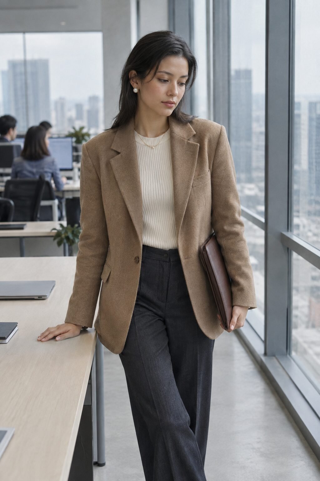 heirloom jewelry capsule office outfit: pearl stud earrings layered with a delicate gold dot chain necklace over a blazer